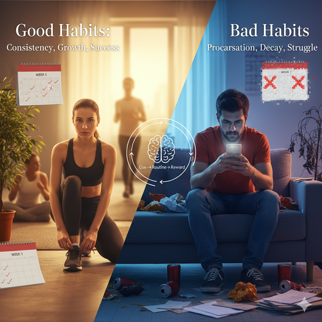 A visual comparison of good habits leading to success and bad habits leading to struggle.